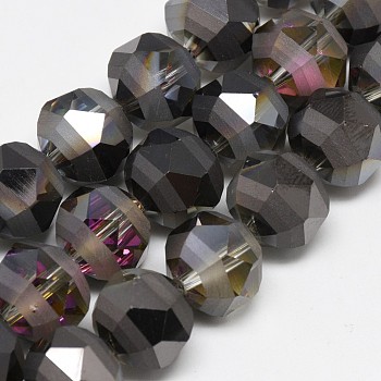 Electroplate Glass Beads Strands, Rainbow Plated, Frosted, Faceted, Round, Black, 9~10x9~10mm, Hole: 2mm, about 72pcs/strand, 25.98 inch