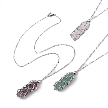 Natural Mixed Gemstone Bullet Pendant Necklace, Stainless Steel Macrame Pouch Necklace, 17.01~17.09 inch(43.2~43.4cm)