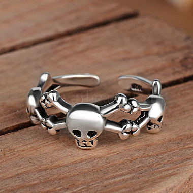 Thailand Sterling Silver Skull Spider Open Cuff Finger Ring(SKUL-PW0002-042S)-3