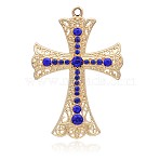 Cadmium Free & Nickel Free & Lead Free Light Gold Plated Alloy Rhinestone Big Pendants, Long-Lasting Plated, Latin Cross, Sapphire, 72x49.5x5.5mm, Hole: 2.5mm(ALRI-J026-05G-NR)