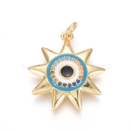 Golden Plated Brass Micro Pave Cubic Zirconia Pendants, with Enamel and Jump Rings, Sun with Evil Eye, Colorful, 21.5x19.5x3.5mm, Hole: 3.5mm(ZIRC-L085-32A-G)