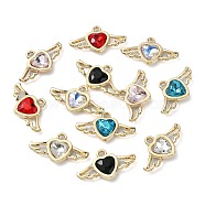 Golden Rack Plating Alloy Rhinestone Pendants, Nickel Free, Heart & Wing Charm, Mixed Color, 11.5x20x3.5mm, Hole: 1.4mm(PALLOY-F308-18G)