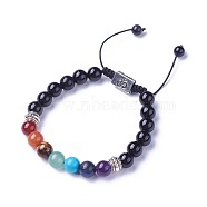 Chakra Jewelry, Natural & Synthetic Mixed Stone Braided Bead Bracelets, with Natural Obsidian, Alloy Findings and Nylon Cord, Rectangle with Om Symbol, 2 inch~3 inch(5.2~7.6cm)(BJEW-I273-I08)