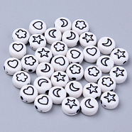 Opaque White Acrylic Beads, Flat Round with Black Star & Heart & Moon & Flower, 7x3.5mm, Hole: 1.5mm, about 3600~3700pcs/500g(MACR-S273-45B)
