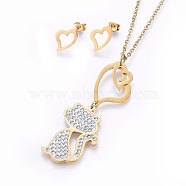 304 Stainless Steel Kitten Jewelry Sets, Pendant Necklaces and Stud Earrings, with Polymer Clay Rhinestone, Heart and Cat, Golden, 17.72 inch(45cm), 10x12x1mm, Pin: 0.8mm(SJEW-H141-05G)