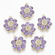 Golden Plated Alloy Pendants, with Glass Rhinestone, Flower, Lilac, 19x16x5mm, Hole: 1.2~1.5mm(PALLOY-N154-02E)