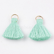 Polycotton(Polyester Cotton) Tassel Pendant Decorations, with Iron Findings, Light Gold, Aquamarine, 20~30x7~8mm, Hole: 5mm(X-FIND-S280-09)