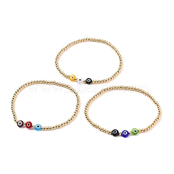 Stretch Bracelets, with Golden Plated Brass Round Beads and Flat Round Handmade Evil Eye Lampwork Beads, Mixed Color, Inner Diameter: 2-1/4 inch(5.8cm)(BJEW-JB05692)