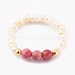Natural Pearl Beaded Stretch Rings, with Faceted Natural Rhodochrosite Beads and Brass Beads, Golden, Inner Diameter: 18x20mm(RJEW-JR00330-04)