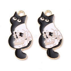 Halloween Alloy Enamel Pendants, Light Gold, Cat with Skull, Black, 27.5x13x1mm, Hole: 2mm(ENAM-G203-04KCG)