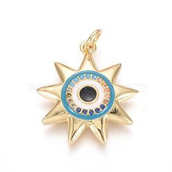 Golden Plated Brass Micro Pave Cubic Zirconia Pendants, with Enamel and Jump Rings, Sun with Evil Eye, Colorful, 21.5x19.5x3.5mm, Hole: 3.5mm(ZIRC-L085-32A-G)