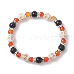 Halloween Skull Synthetic Turquoise & Natural Red Agate & Black Onyx Beaded Stretch Bracelets, Inner Diameter: 2-1/8(5.5cm)(BJEW-TA00485)