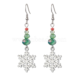 Christmas Theme Glass Dangle Earrings, with Alloy Enamel Snowflake Charms, Platinum, 64~65x19mm(EJEW-TA00476)