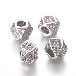 Brass Micro Pave Cubic Zirconia Beads, Polygon, Clear, Real Platinum Plated, 6.5~7x6.5~7x6.5~7mm, Hole: 3mm, Diagonal Length: 9mm(ZIRC-L088-01B-P)