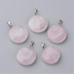 Natural Rose Quartz Pendants, Flat Round, Platinum, 24x20~20.5x5~5.5mm, Hole: 2.5x5.5mm(G-S214-20)