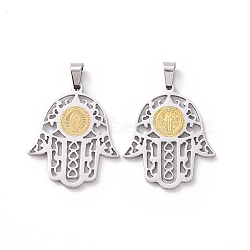 304 Stainless Steel Hamsa Hand/Hand of Miriam with Virgin Mary Pendants, Stainless Steel Color, Mixed Patterns, 32x28x2mm, Hole: 6x4mm(STAS-L012-A02P)