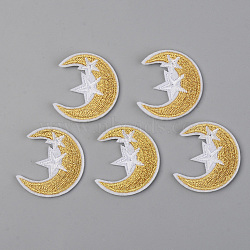 Computerized Embroidery Cloth Iron on/Sew on Patches, Appliques, Costume Accessories, Moon with Star, Gold, 38x34x1.5mm(DIY-S040-078)