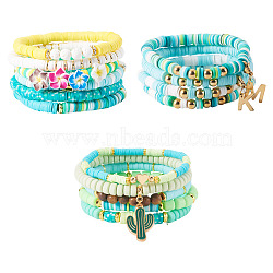 15Pcs Polymer Clay Heishi Beads Stretch Bracelets Sets, Stackable Bracelets, with Brass & Natural Sandalwood & Lava Rock Round Beads & 304 Stainless Steel Pendants, Golden, Mixed Color, Inner Diameter: 2-1/8~2-3/8 inch(5.4~5.9cm)(BJEW-TA00679)