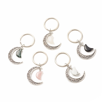 Mixed Stone and Tibetan Style Alloy Keychain, with Iron Split Key Rings, Moon, 7.1cm