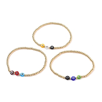 Stretch Bracelets, with Golden Plated Brass Round Beads and Flat Round Handmade Evil Eye Lampwork Beads, Mixed Color, Inner Diameter: 2-1/4 inch(5.8cm)