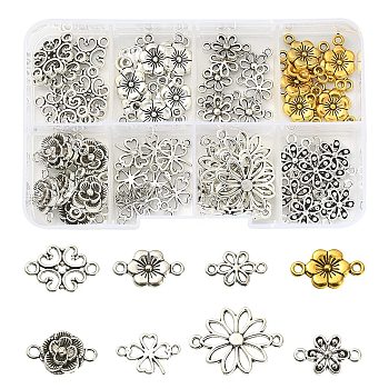 80Pcs 8 Styles Tibetan Style Alloy Flower Connector Charms, Flower Links, Antique Silver & Antique Golden, 12~25x9.5~19x1~3.5mm, hole: 1~15mm, 10pcs/style