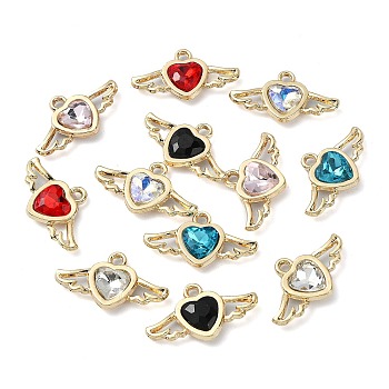 Golden Rack Plating Alloy Rhinestone Pendants, Nickel Free, Heart & Wing Charm, Mixed Color, 11.5x20x3.5mm, Hole: 1.4mm