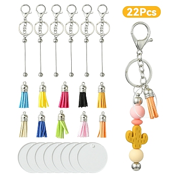 DIY Alloy Bar Beadable Keychain Making Kits, Blank Flat Round & Tassel Charms Keychain Making, Mixed Color, 155~158mm