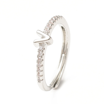 Clear Cubic Zirconia Initial Letter Adjustable Ring, Platinum Brass Jewelry for Women, Letter.V, Inner Diameter: 18mm