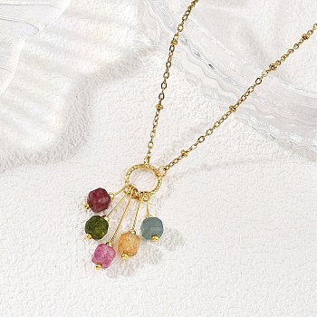 Natural Multicolor Tourmaline Faceted Cube Tassel Pendant 304 Stainless Steel Satellite Chain Necklaces for Women, Colorful, Golden, 15.79 inch(40.1cm)