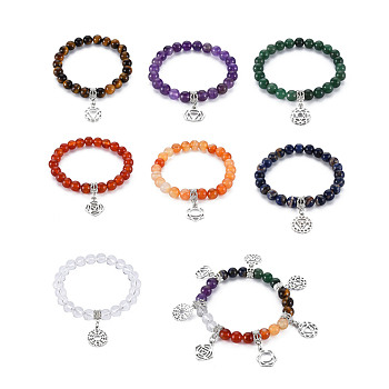 Reiki Natural Mixed Stone Stretch Bracelets for Girl Women, 7 Chakra Alloy Charm Bracelets Set, Platinum, Inner Diameter: 2 inch(5.1cm), about 8pcs/set