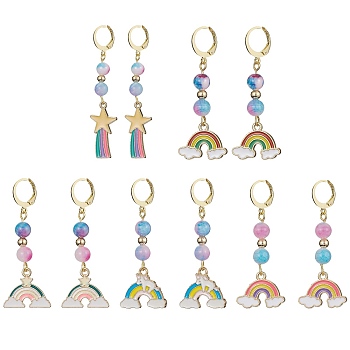 Rainbow Natural White Jade(Dyed) Hoop Earrings, Alloy Dangle Earrings for Women, Mixed Color, 50~60mm