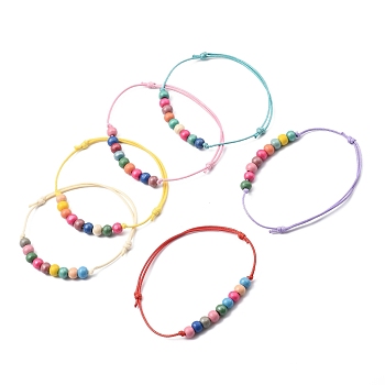 Adjustable Korean Waxed Polyester Cord Bracelets, Beaded Bracelets, with Rainbow Spary Painted Natural Wood Beads, Mixed Color, Inner Diameter: 1-7/8~3-1/2 inch(4.9~8.9cm)