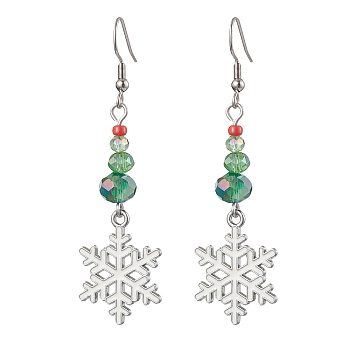 Christmas Theme Glass Dangle Earrings, with Alloy Enamel Snowflake Charms, Platinum, 64~65x19mm