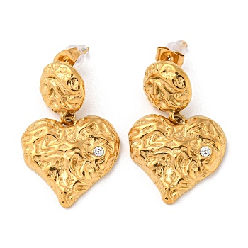304 Stainless Steel Micro Pave Cubic Zirconia Dangle Stud Earrings, Textured Heart, Golden, 34x22mm