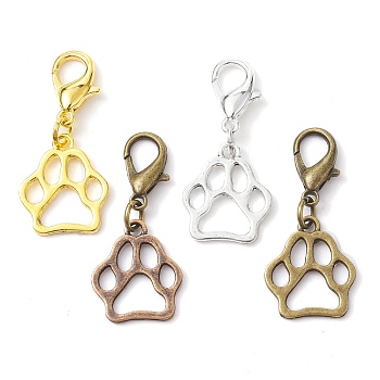 Alloy Pendant Decorations, with Zinc Alloy Lobster Claw Clasps, Cadmium Free & Lead Free, Bear Paw Prints, Mixed Color, 36mm, Bear Paw Prints: 19.5x17x1.5mm