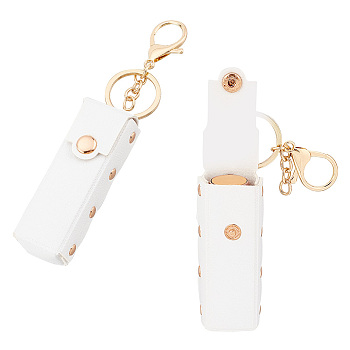 PU Leather Lipstick Storage Bags, Portable Lip Balm Organizer Holder for Women Ladies, with Light Gold Tone Alloy Keychain, Rectangle, White, 9x3.2x2.9cm