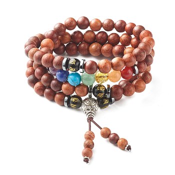 Natural Wood Beads Wrap Bracelets, Four Loops, with Tibetan Style Alloy Guru Beads & Synthetic & Natural Gemstone Beads , 29-1/2 inch(75cm)
