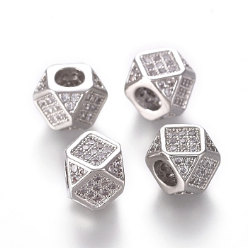 Brass Micro Pave Cubic Zirconia Beads, Polygon, Clear, Real Platinum Plated, 6.5~7x6.5~7x6.5~7mm, Hole: 3mm, Diagonal Length: 9mm