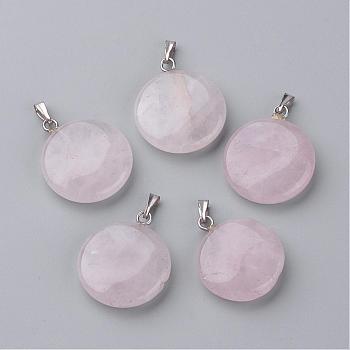 Natural Rose Quartz Pendants, Flat Round, Platinum, 24x20~20.5x5~5.5mm, Hole: 2.5x5.5mm