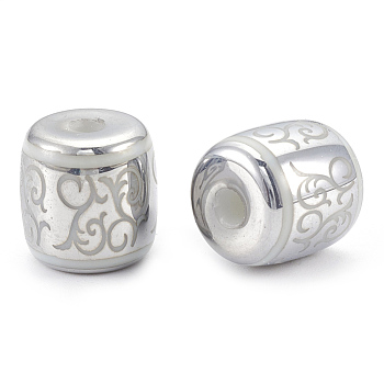 Electroplate Glass Beads, Barrel with Vine Pattern, Platinum Plated, 12x11.5mm, Hole: 3mm, 100pcs/bag