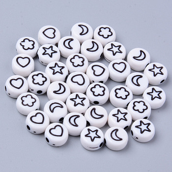 Opaque White Acrylic Beads, Flat Round with Black Star & Heart & Moon & Flower, 7x3.5mm, Hole: 1.5mm, about 3600~3700pcs/500g