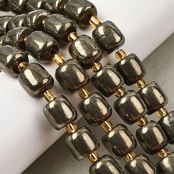 Natural Pyrite Beads Strands, with Seed Beads, Column, 10~11x10~10.5mm, Hole: 1.2mm, about 15pcs/strand, 8.07''~8.27(20.5~21cm)