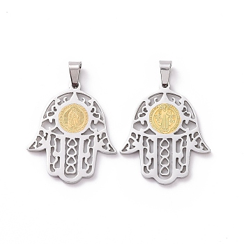 304 Stainless Steel Hamsa Hand/Hand of Miriam with Virgin Mary Pendants, Stainless Steel Color, Mixed Patterns, 32x28x2mm, Hole: 6x4mm
