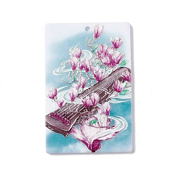 Embossed Flower Printed Acrylic Pendants, Rectangle Charms with Musical Instruments Pattern, Old Rose, 45x30x2.3mm, Hole: 1.6mm