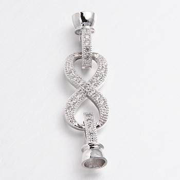 Infinity Brass Micro Pave Cubic Zirconia Fold Over Clasps, Lead Free & Nickel Free, Platinum, 38x10x3mm, Hole: 1.5mm