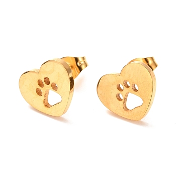 Ion Plating(IP) 304 Stainless Steel Stud Earrings, Heart with Dog Paw Prints, Golden, 12x10mm, Pin: 0.8mm