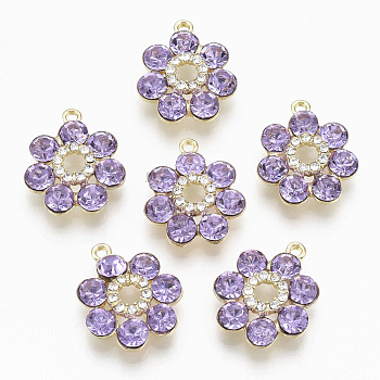 Golden Plated Alloy Pendants, with Glass Rhinestone, Flower, Lilac, 19x16x5mm, Hole: 1.2~1.5mm