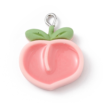 Opaque Resin Pendants, Fruit Charms, with Platinum Tone Iron Loops, Peach, Fruit, 25.5x19x5.5mm, Hole: 2mm
