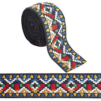 5 Yards Ethnic Style Embroidery Polycotton Ribbons, Jacquard Ribbon, Tyrolean Ribbon, Garment Accessories, Rhombus Pattern, Colorful, 2 inch(50mm)