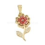 Brass Enamel & Clear Cubic Zirconia Pendants, Rack Plating, Long-Lasting Plated, Cadmium Free & Lead Free, Flower Charms, Real 18K Gold Plated, 34x17x3mm, Hole: 9x4.5mm(CU-CBA3C32-18G)